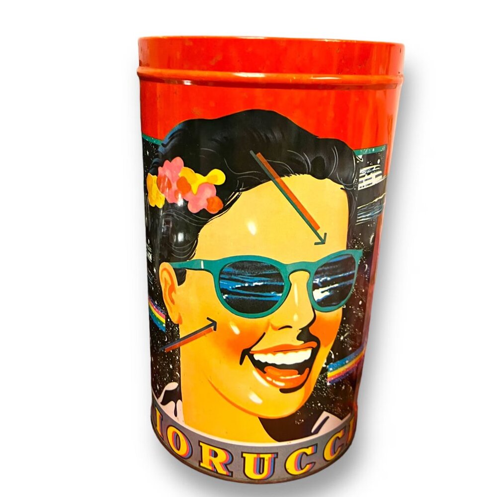 1980s vintage Elio Fiorucci tin metal canister, graphic Memphis style